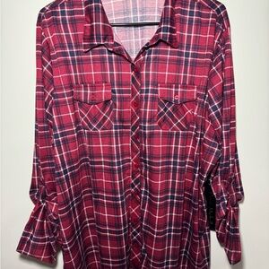 EUC Ryan Michelle Red Blue Plaid Button Up Jersey Shirt Size 3X